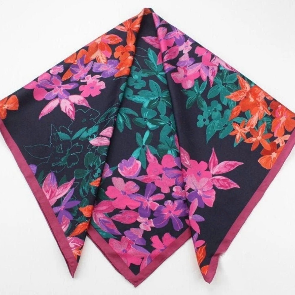 SILK SCARF square floral multicolor dark navy background NEW size 36” X 36”